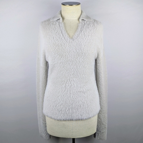 Vince Sweaters - Vince Eyelash Polo Sweater Long Sleeve Soft FuzzyTexture Light Birch Stone M NWT